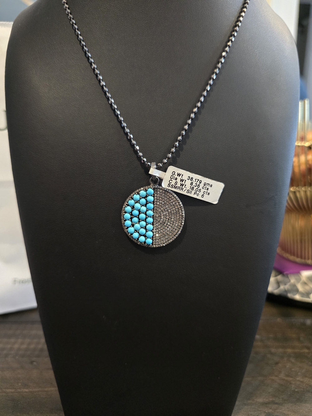 Art Deco Turquoise & Pavé Diamond Disc Pendant Necklace Oxidized Sterling Silver
